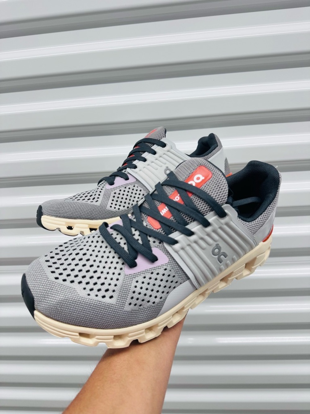On Running Unisex Cloud Sneakers - Light Gray with Cream Sole & Pink Accents